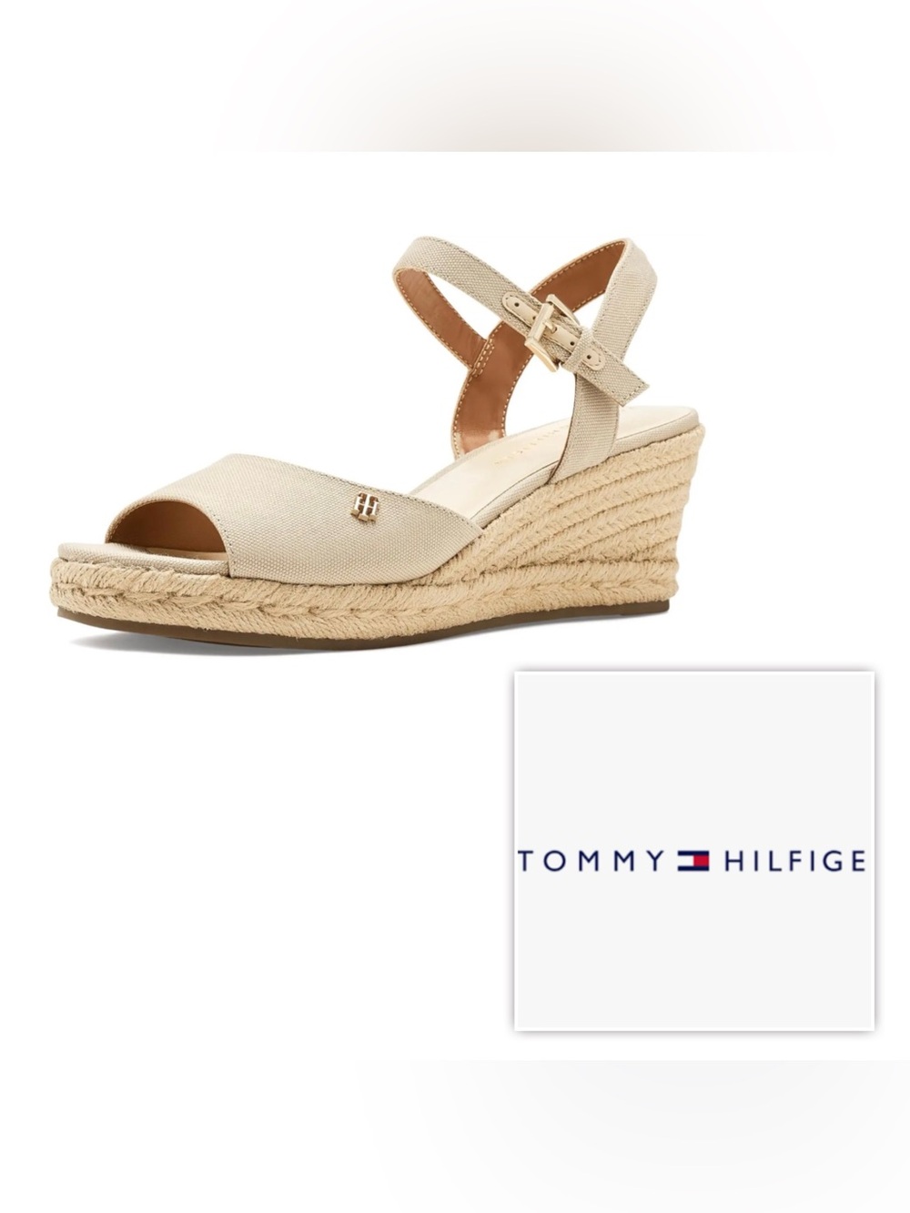 NEW $89 Tommy Hilfiger Women 9 Beige Logo Espadrille Wedge Sandals heel Shoes